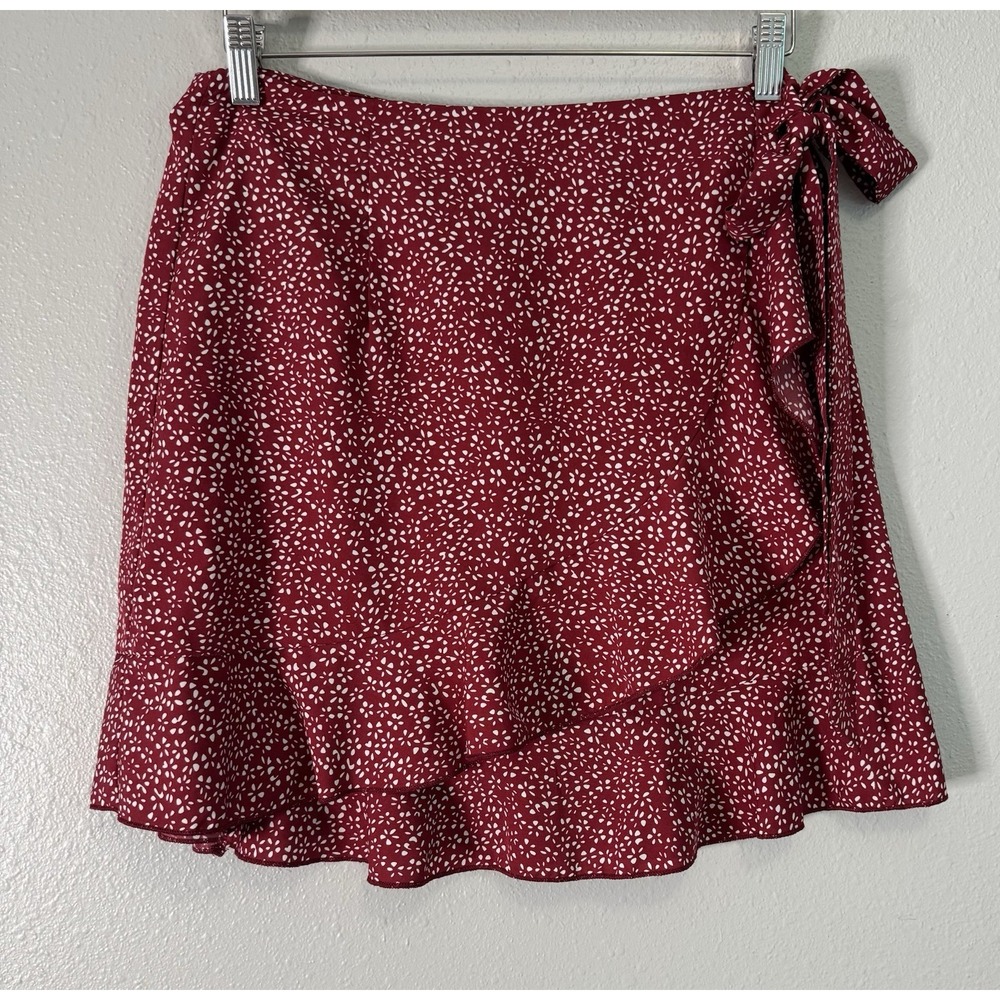 Naggoo Red Ditsy Floral  Wrap Skirt M Ruffle Hem Tie Waist Romantic Cottagecore